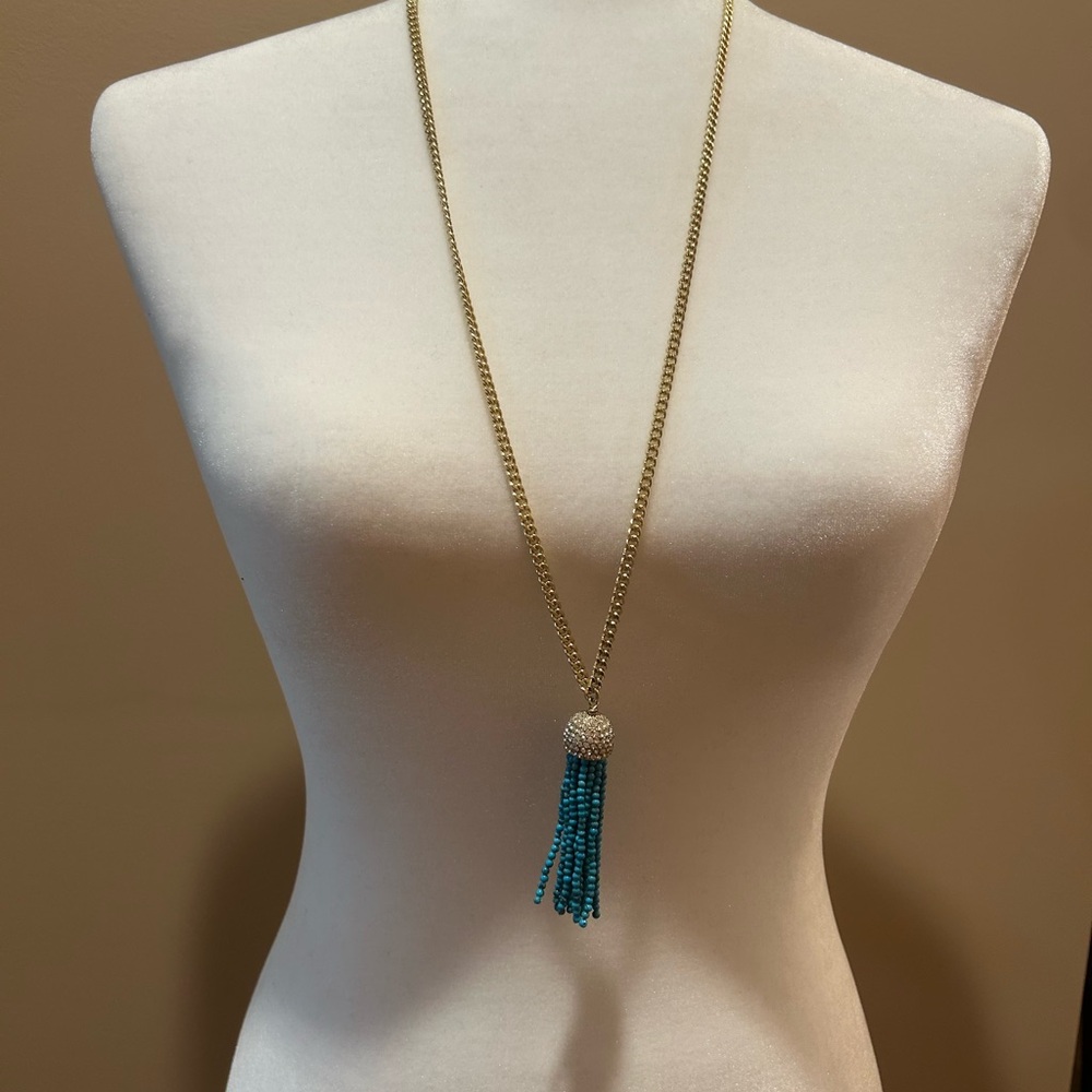 BaubleBar Gold Necklace with Blue Beaded Tassel